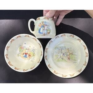 Vtg ROYAL DOULTON Porcelain England BUNNYKINS 3Pc Baby Set Mug Bowl Plate A52